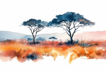 A watercolor painting of an African savanna. - obrazy, fototapety, plakaty