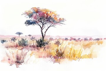 A watercolor painting of an African savanna landscape featuring a large, majestic, pink-blossomed acacia tree in the foreground with tall yellow grass in the background.
