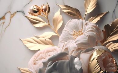 3d floral wallpaper with simple gold marble Wall Texture background and oil painting designs, wall art painting,