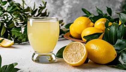 Glass of Lemon Juice with Sliced and Whole Lemon, Background - obrazy, fototapety, plakaty