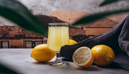 Freshly Squeezed Lemon Juice with Sliced and Whole Lemon Background - obrazy, fototapety, plakaty