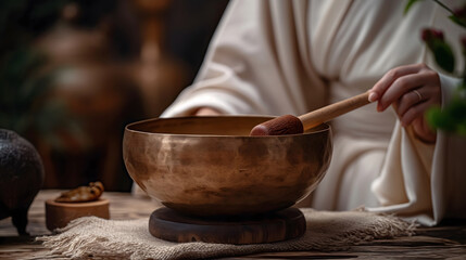 A close-up image captures the essence of a meditative practice, where a Tibetan singing bowl is being played, sending waves of harmony and a zen atmosphere throughout the space. - obrazy, fototapety, plakaty