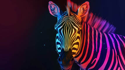   A tight shot of a zebra's head featuring intricate multicolor stripes, its body adorned similarly