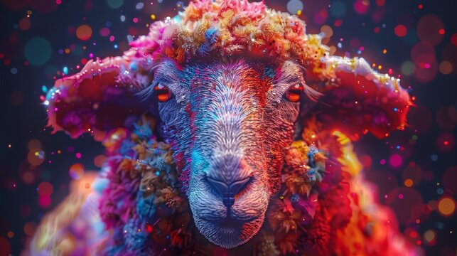   A tight shot of a sheep's face showcasing a multicolored pattern on its visage and head