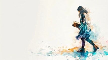 Young woman walking while reading in watercolor style on white background.
