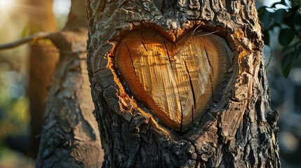 romantic natural heart carved in tree trunk love symbol in tranquil forest valentines day concept