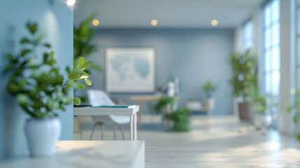 A room with a white desk and a chair, a large window, and a few potted plants