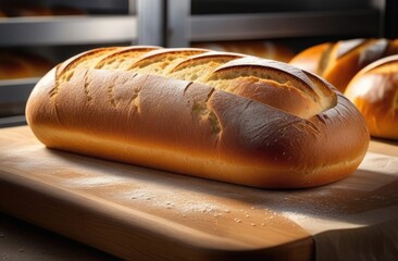 Close-up. A loaf of bread is baked in a modern bakery