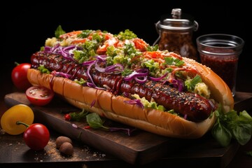 Vegetarian hot dog with sausage based on plants and chips., generative IA