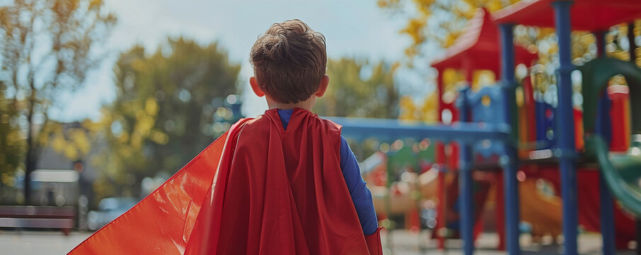 a little superhero with a red cape behind his back in a heroic pose against the background of a children's playground
