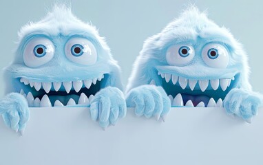 Fototapeta premium Two furry monsters hold a blank card in front of them. They have toothy smiles on their faces. Can be used for advertising, marketing, promotion or presentation.
