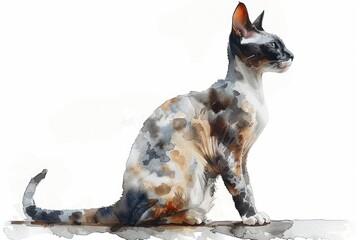 Cornish Rex watercolor, isolated on white background.