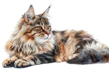 Cymric, or Longhaired Manx watercolor, isolated on white background.
