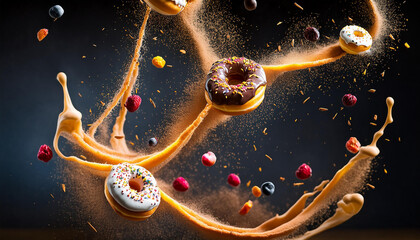 Sweet donuts in motion, adorned with multicolored fruit glazes and sprinkles