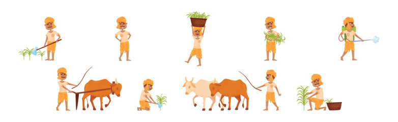 Man Asian Farmer Working on Field Vector Set