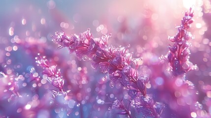   A tight shot of a purplish plant, dewdrops glistening on its leaves, against a hazy backdrop of indistinctive sky - obrazy, fototapety, plakaty