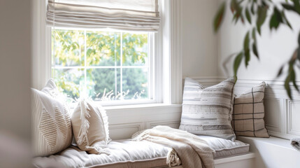 A serene reading nook with white walls and softly cushioned window seat drawing in natural light and providing a peaceful escape. . .