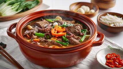 Beef soup with octopus, with green bok choy leaves, chopped Chongqing pepper and slices of fresh ginger. - obrazy, fototapety, plakaty