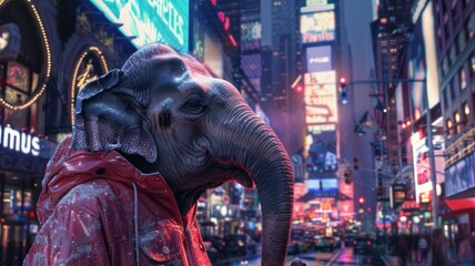 Fototapeta na wymiar elephant donning a trendy jacket, towering over the bustling streets against the backdrop of a charming city night view.