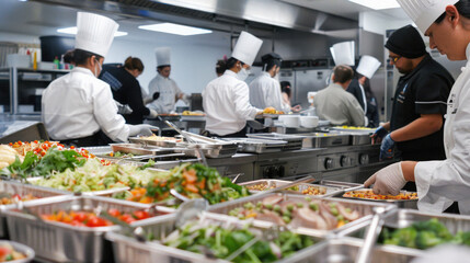 A group of chefs are preparing food in a kitchen