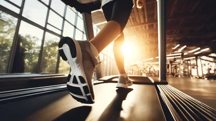 Foto op Plexiglas Legs running on treadmill, white shoes blur, gym sunny background. Sunlit gym scene with legs in motion, running on a treadmill. © Chatpisit