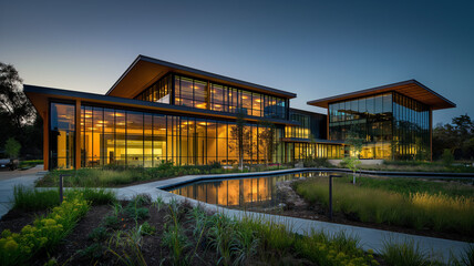 Fototapeta na wymiar A large building with a glass facade and a large pond in front of it