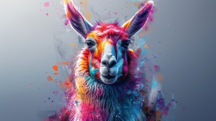 Fototapeta premium The Lama/Alpaca stick on the wall appears as a colorful, artistic portrait of a lama on a white background.