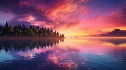 An image of a vibrant sunset over a serene lake, with colorful reflections shimmering on the water. - Powered by Adobe