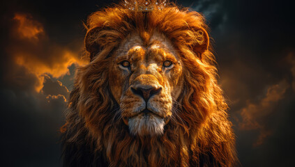 Obraz premium A majestic lion with fiery mane, standing tall against the night sky. Created with Ai