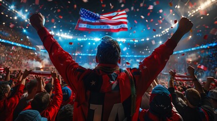 Fan in the colors of the US team in a large stadium spread his arms to the sides, rejoicing in the victory of his country America. Fan at the stadium cheers for his favorite team.