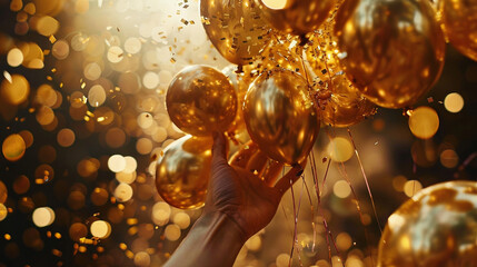 Close-up of a hand releasing a bunch of golden balloons into the air, surrounded by shimmering confetti. 8K