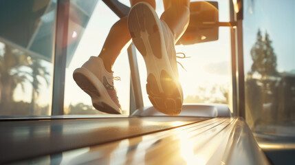 Legs running on treadmill, white shoes blur, gym sunny background. Sunlit gym scene with legs in motion, running on a treadmill. - Powered by Adobe