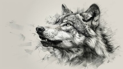 On a white background, a sketchy, graphical portrait of a wolf's head howls.