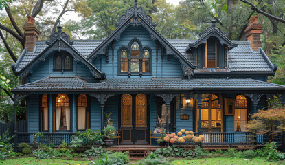  An elegant two-story, craftsman style house with black wood details and large windows. Created with Ai