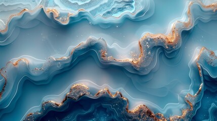   A tight shot of a blue-gold water pattern, with waving surfaces and rising bubbles - obrazy, fototapety, plakaty