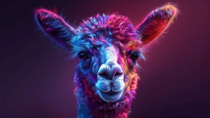 Obraz premium This abstract, hand-drawn, multi-colored portrait of an alpaca / llama is on a dark purple background.