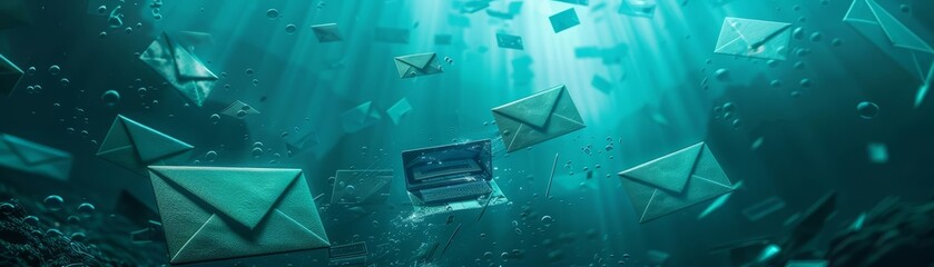 A computer drowning in a sea of email icons, visualizing the relentless tide of spam - obrazy, fototapety, plakaty