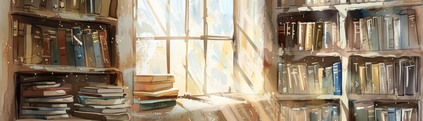 A cozy corner of a library, illustrated with light watercolors, where books in gentle hues stack invitingly next to a sunlit window