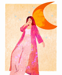 Ilustracja młoda kobieta w długim płaszczu oparta o księżyc.