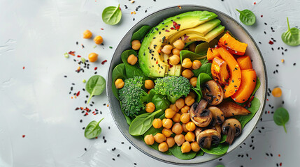 healthy vegan lunch bowl with Avocado, mushrooms, broccoli, spinach, chickpeas, pumpkin on a light background, vegetables salad, Top view