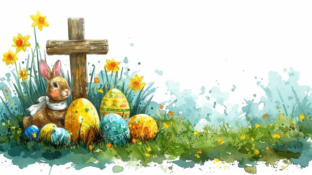 The Easter celebration with a wooden cross, rabbits, daffodils, and colored eggs surrounded by grass. Hand-drawn, artistic image of Easter elements.