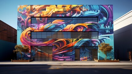 Create a dynamic urban street art mural blending cosmic elements with gritty cityscape details, showcasing a vibrant clash of colors and textures - obrazy, fototapety, plakaty