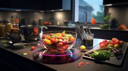 Immerse viewers in a tantalizing world of culinary delights with a low-angle view of a Virtual Reality headset transporting them into a visually vibrant kitchen scene, complete with sizzling pans, col