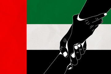 Helping hand against the United Arab Emirates flag. The concept of support. Two hands taking each other. A helping hand for those injured in the fighting, lend a hand