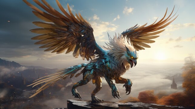 Merge the mythical aura of a traditional oil painting of a griffin with a futuristic twist, showcasing its fierce yet graceful form in a 3D rendered virtual reality setting, complete with surprising c