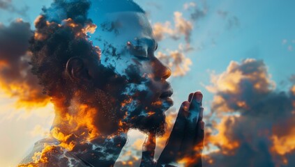 A double exposure of an African American man praying with clouds and sky in the background, symbolizing hope for natural disaster victims in the style of Alex Michaelhenry, concept art