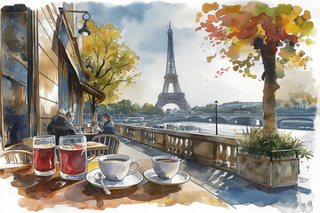 Break time outside in parisian cafeteria with coffee and juice with Eiffel Tower view. Watercolour illustration. Travel concept