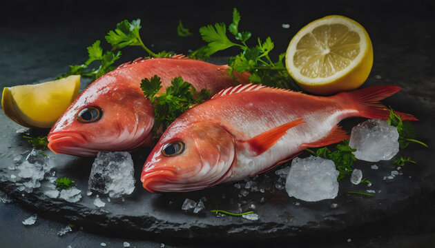 frische, porgies, neu, close up, schiefertafel, roh, modern, fische, zitrone, gek&uuml;hlt, Eisw&uuml;rfel, rot, orange, farbe, makro