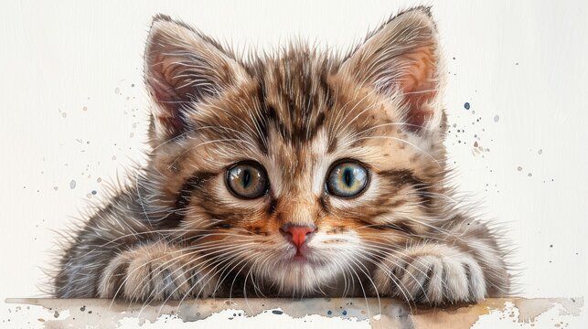 Colorful, graphic, artistic drawing of a striped kitten squinting in the sun. Separate layer. Watercolor style. DXF modern illustration.