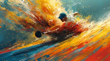 Artistic 2D illustration of a ping-pong scene on a poster, featuring expressive brush strokes and bold colors to capture the energy and excitement of the game